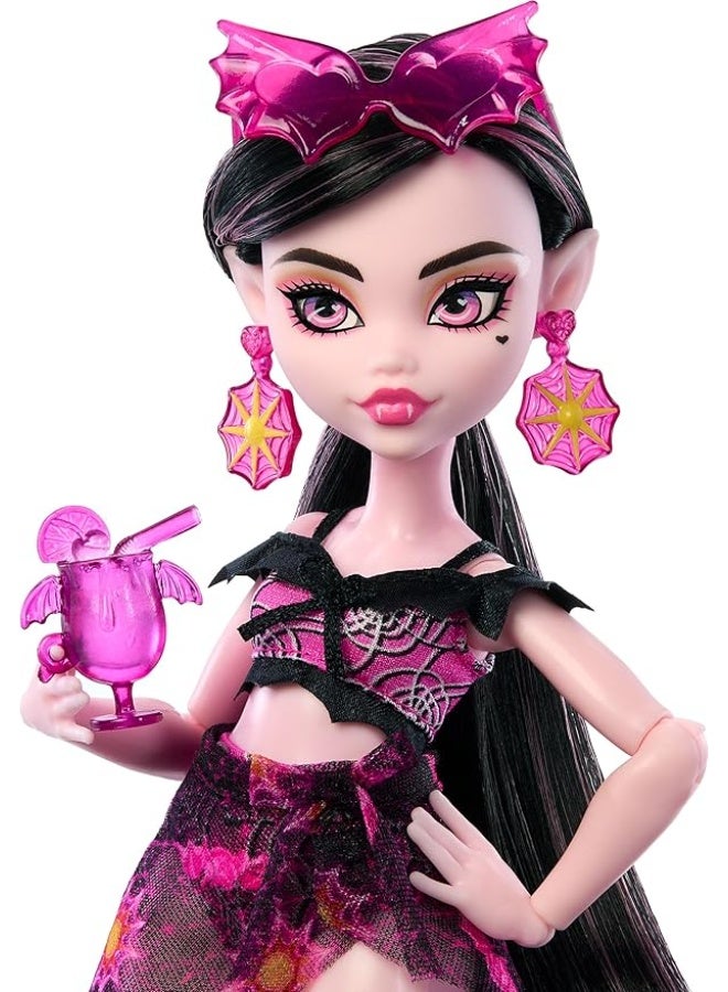 MONSTER HIGH Scare-Adise Island Draculaura Doll With Swimsuit, Sarong And Beach Accessories Like Hat, Sunscreen, And Tote  - Image 4