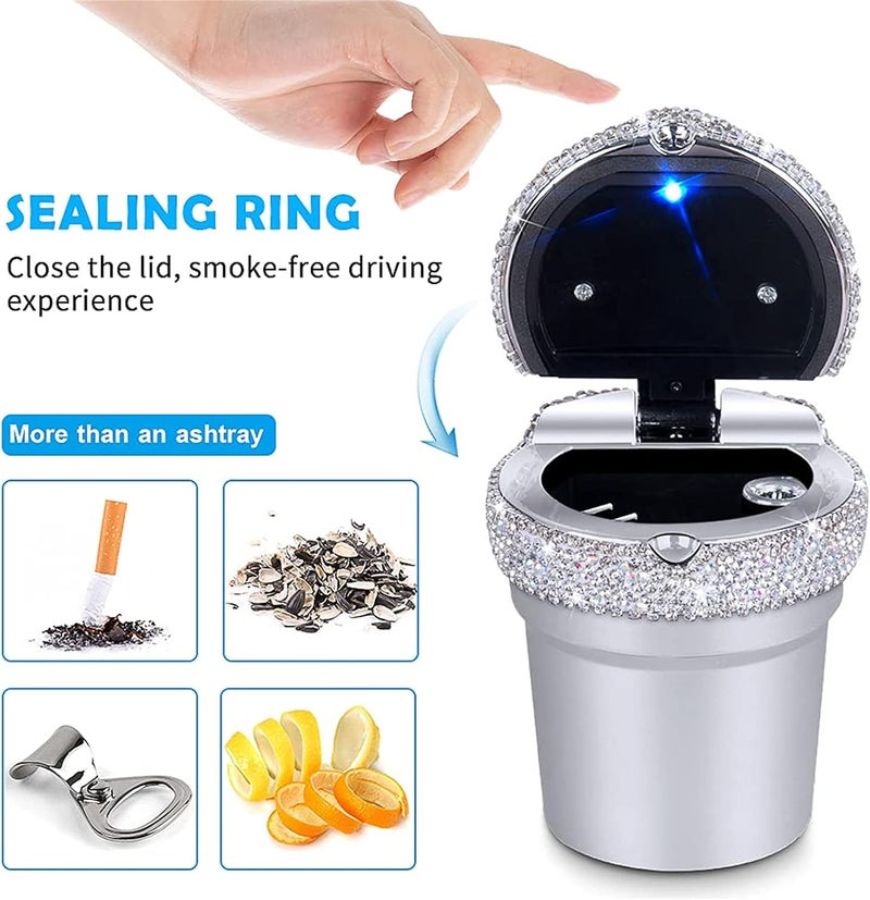 eing Car Ashtray Portable Bling Cigarette Smokeless Cylinder Cup Holder with Blue LED Light Indicator and 2 Replacement Batteries,Car Accessories for Women,Ideal for Car,Home and Office,1-Pack Silver - Image 3