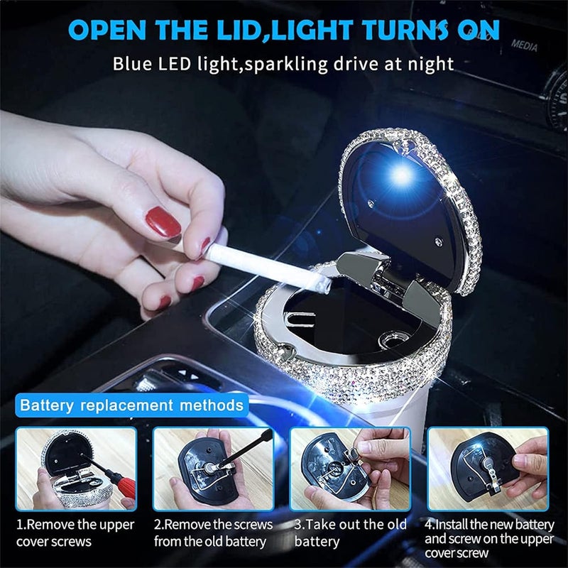 eing Car Ashtray Portable Bling Cigarette Smokeless Cylinder Cup Holder with Blue LED Light Indicator and 2 Replacement Batteries,Car Accessories for Women,Ideal for Car,Home and Office,1-Pack Silver - Image 2