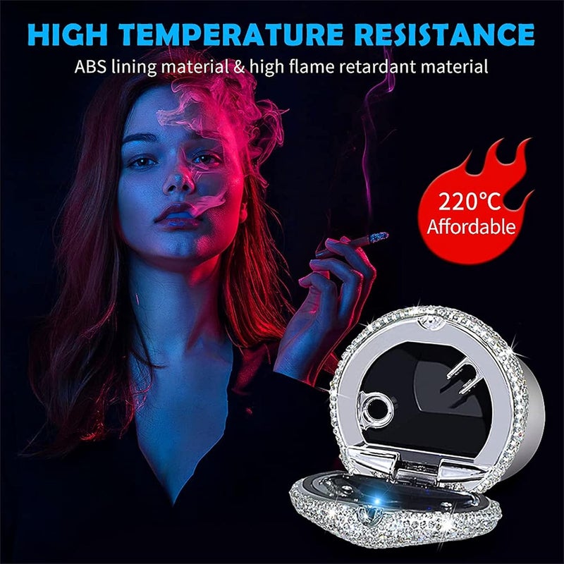 eing Car Ashtray Portable Bling Cigarette Smokeless Cylinder Cup Holder with Blue LED Light Indicator and 2 Replacement Batteries,Car Accessories for Women,Ideal for Car,Home and Office,1-Pack Silver - Image 4