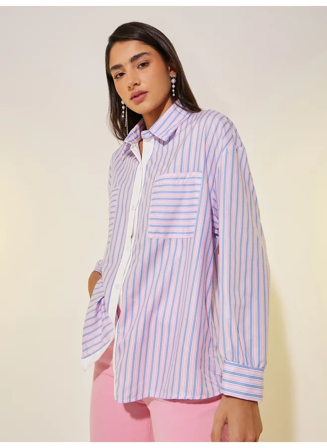 تايك تو Take Two Striped Contrast Placket Oversized Shirt