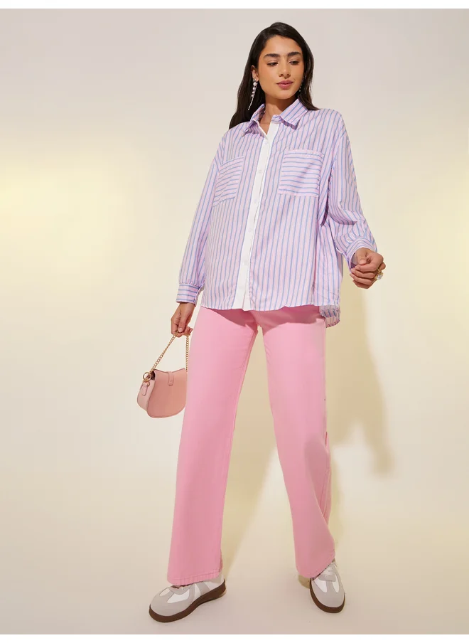 تايك تو Take Two Striped Contrast Placket Oversized Shirt