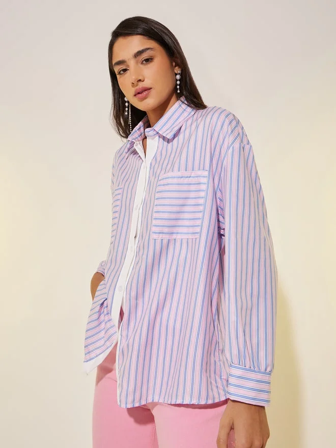 تايك تو قميص واسع مخطط بياقة متباينة