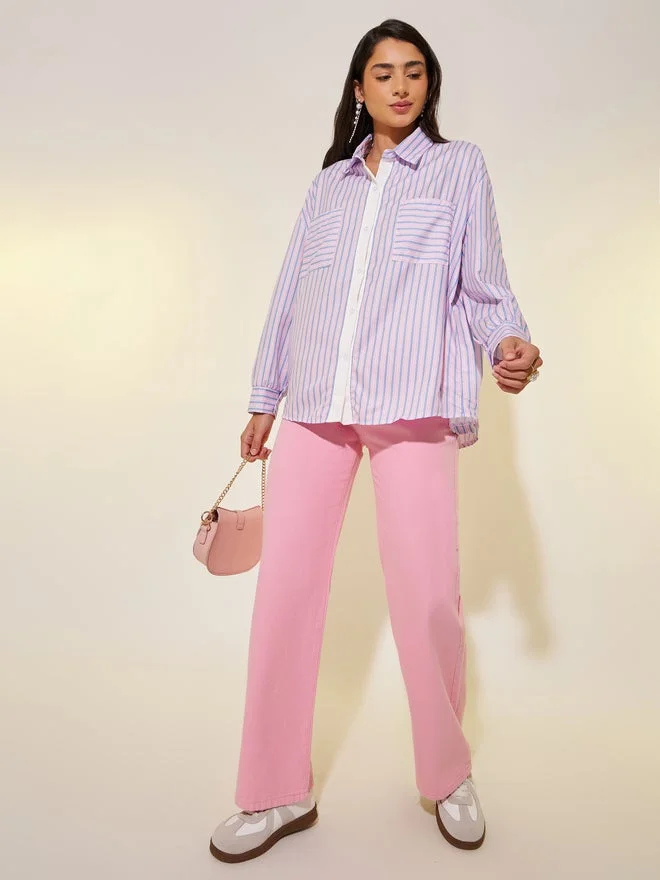 تايك تو قميص واسع مخطط بياقة متباينة