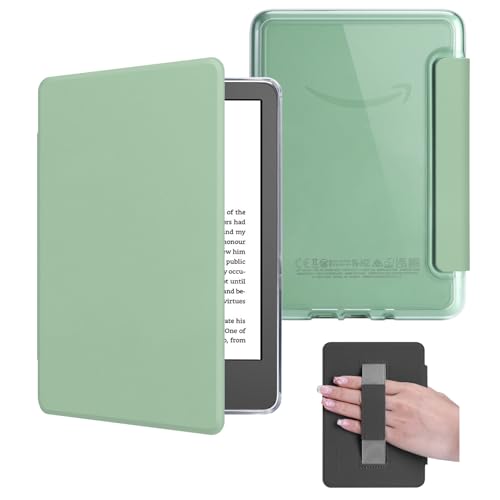 HOICHOE Case with Hand Strap for 6.8" Kindle Paperwhite 11th Generation 2021 and Kindle Paperwhite Signature Edition, PU Leather Cover, Transparent Hard Back Shell with Auto Sleep/Wake, Matcha Green - Image 1