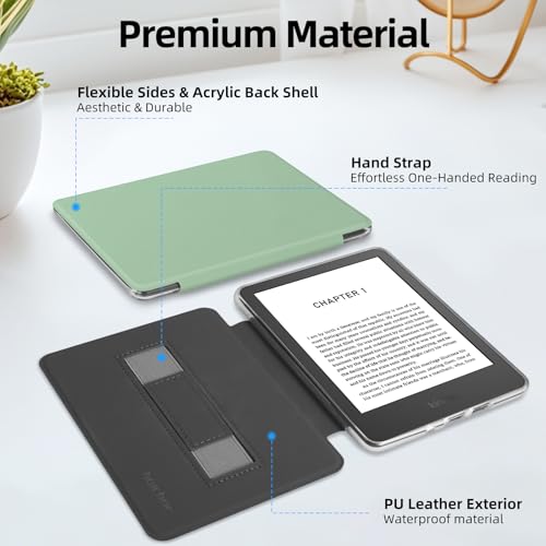 HOICHOE Case with Hand Strap for 6.8" Kindle Paperwhite 11th Generation 2021 and Kindle Paperwhite Signature Edition, PU Leather Cover, Transparent Hard Back Shell with Auto Sleep/Wake, Matcha Green - Image 3