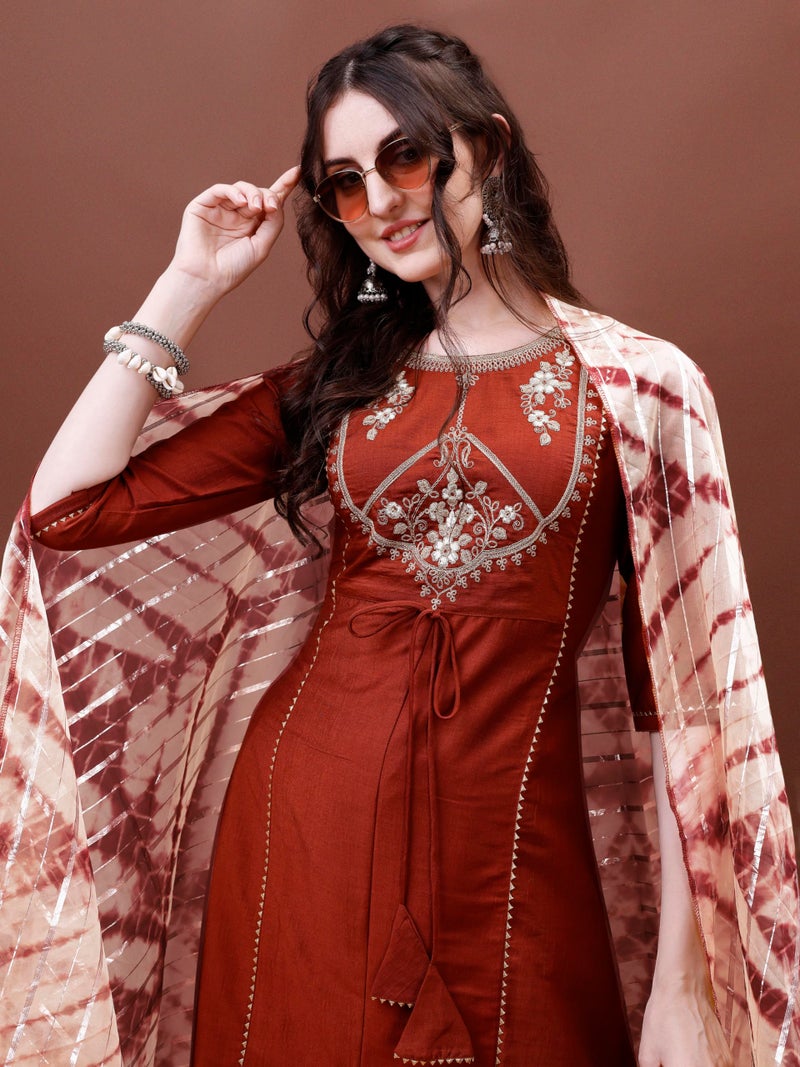 EthnicJunction Women's Cotton Silk Embroidered A-line Front Slit Kurta Palazzo & Organza Dupatta Set Rust - Image 2