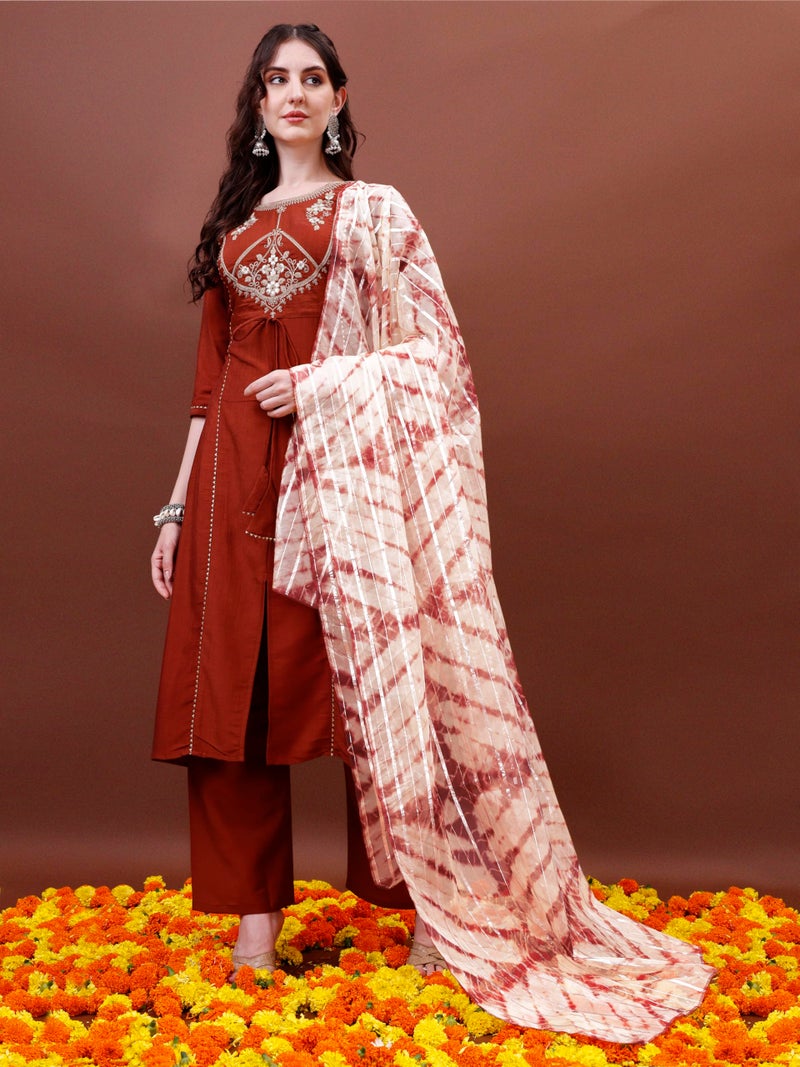EthnicJunction Women's Cotton Silk Embroidered A-line Front Slit Kurta Palazzo & Organza Dupatta Set Rust - Image 3