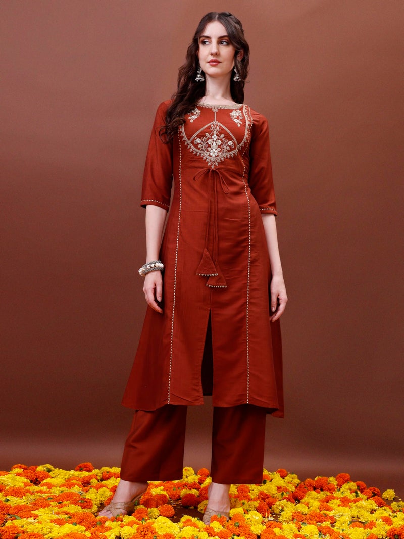 EthnicJunction Women's Cotton Silk Embroidered A-line Front Slit Kurta Palazzo & Organza Dupatta Set Rust - Image 4