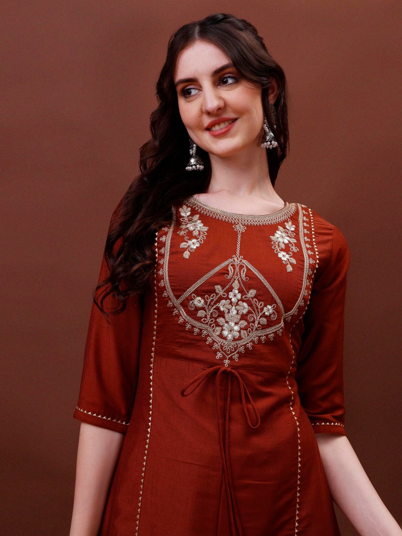 EthnicJunction Women's Cotton Silk Embroidered A-line Front Slit Kurta Palazzo & Organza Dupatta Set Rust - Image 5