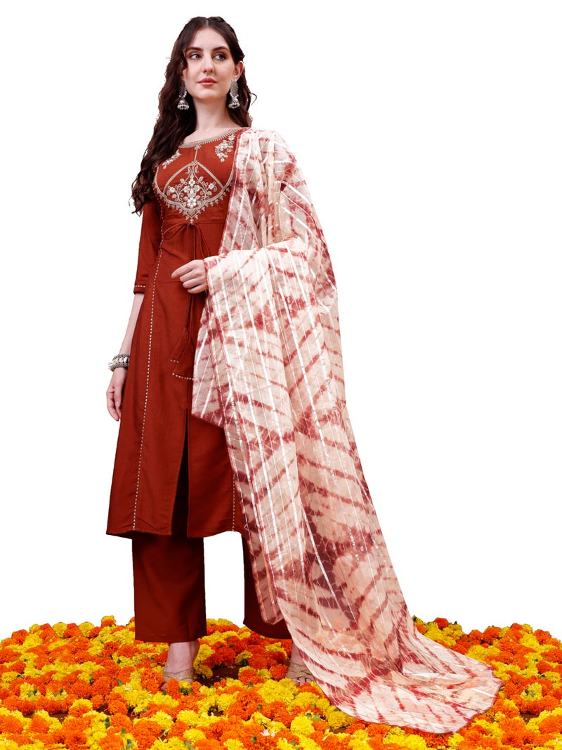 EthnicJunction Women's Cotton Silk Embroidered A-line Front Slit Kurta Palazzo & Organza Dupatta Set Rust - Image 1
