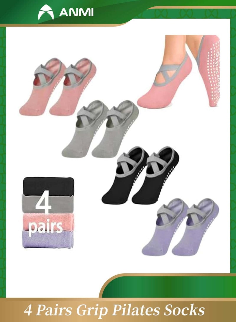 Anmi 4 Pairs Yoga Pilates Socks with Grip for Women, Non Slip Yoga Socks, Grippy Socks for Barre, Dance, Workout and Hospital - Image 1