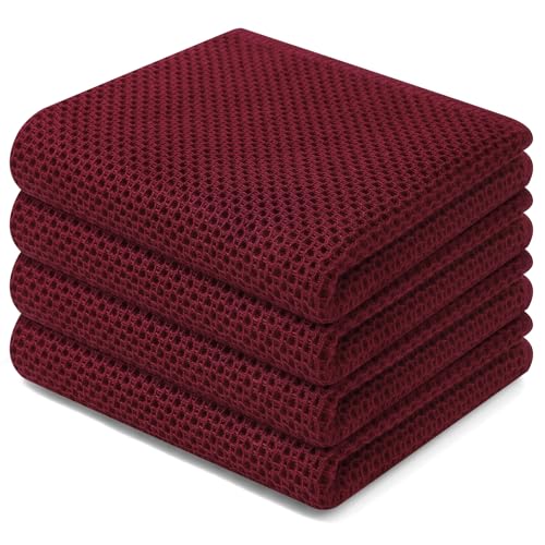 Homaxy 100 Cotton Waffle Weave Kitchen Dish Towels Ultra Soft Absorbent Quick Drying Cleaning Towel 13 x 28 Inches 4Pack Burgundy - Image 1