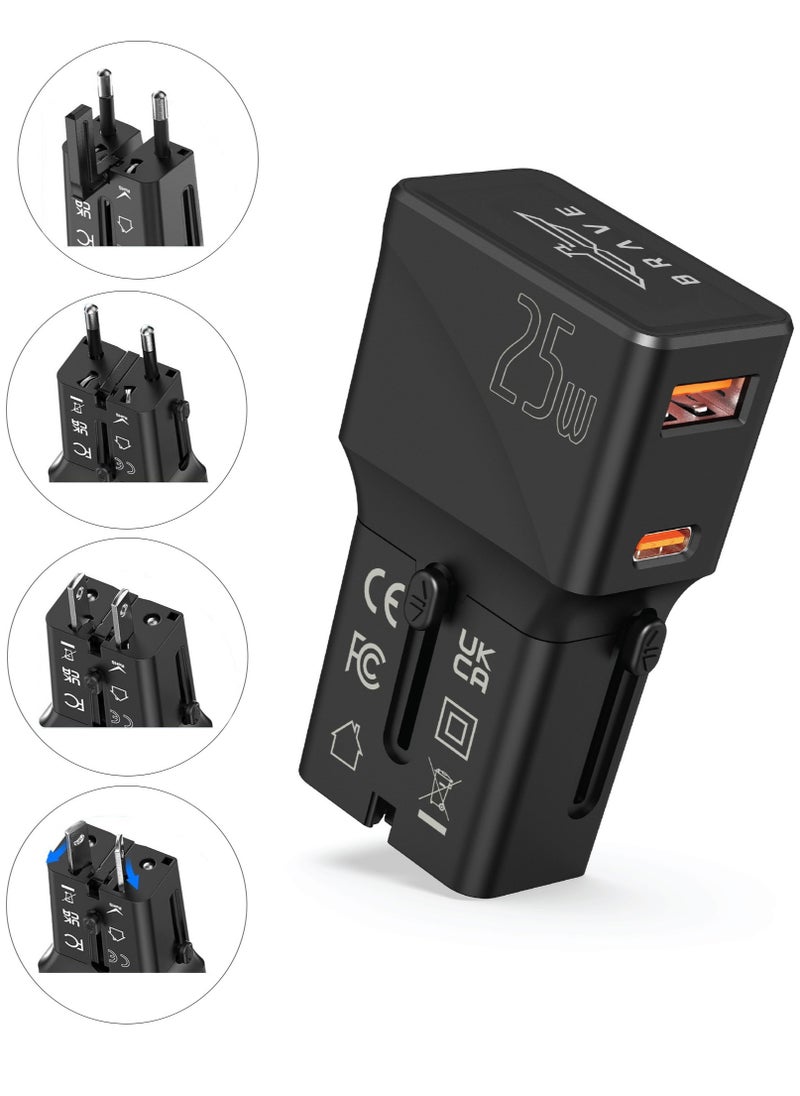 Brave Universal Travel Adapter with QC3.0 USB-A & PD3.0 25W Type-C Fast Charging, Worldwide Compatibility (USA/UK/EU/AUS), International Power Adapter, All-in-One Travel Adapter, Multi-Region Plug Adapter, Travel Converter for iPhone 16 Pro Max, Samsung & More  - Image 1