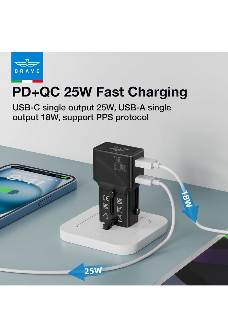 Brave Universal Travel Adapter with QC3.0 USB-A & PD3.0 25W Type-C Fast Charging, Worldwide Compatibility (USA/UK/EU/AUS), International Power Adapter, All-in-One Travel Adapter, Multi-Region Plug Adapter, Travel Converter for iPhone 16 Pro Max, Samsung & More  - Image 5