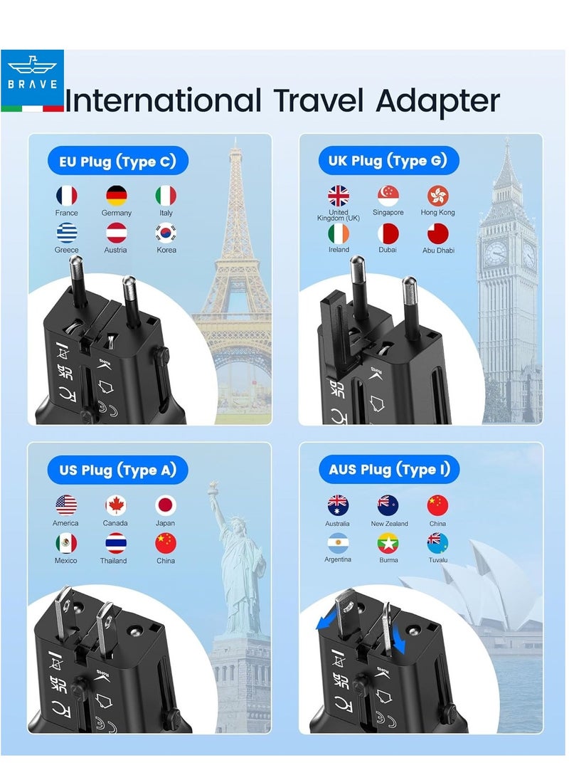 Brave Universal Travel Adapter with QC3.0 USB-A & PD3.0 25W Type-C Fast Charging, Worldwide Compatibility (USA/UK/EU/AUS), International Power Adapter, All-in-One Travel Adapter, Multi-Region Plug Adapter, Travel Converter for iPhone 16 Pro Max, Samsung & More  - Image 3