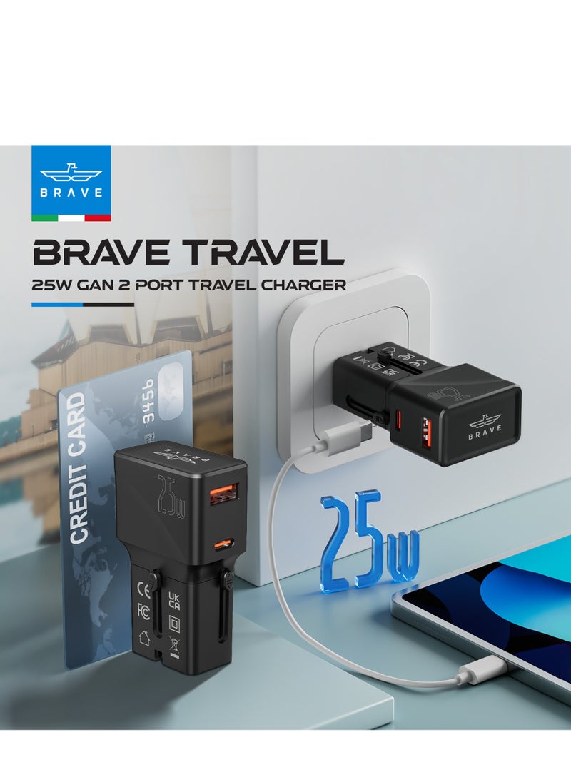 Brave Universal Travel Adapter with QC3.0 USB-A & PD3.0 25W Type-C Fast Charging, Worldwide Compatibility (USA/UK/EU/AUS), International Power Adapter, All-in-One Travel Adapter, Multi-Region Plug Adapter, Travel Converter for iPhone 16 Pro Max, Samsung & More  - Image 2