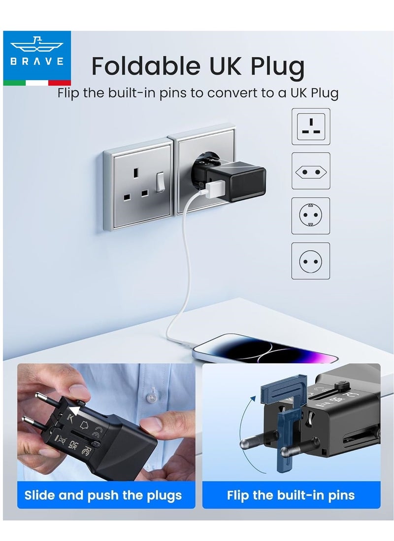 Brave Universal Travel Adapter with QC3.0 USB-A & PD3.0 25W Type-C Fast Charging, Worldwide Compatibility (USA/UK/EU/AUS), International Power Adapter, All-in-One Travel Adapter, Multi-Region Plug Adapter, Travel Converter for iPhone 16 Pro Max, Samsung & More  - Image 4