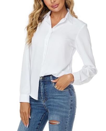 jonivey Womens Stretch Button Down Long Sleeve Shirt Soft Basic Wrinkle Free Work Business Formal Casual Blouse (White,XL) - Image 2