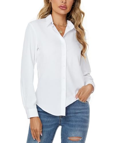 jonivey Womens Stretch Button Down Long Sleeve Shirt Soft Basic Wrinkle Free Work Business Formal Casual Blouse (White,XL) - Image 3