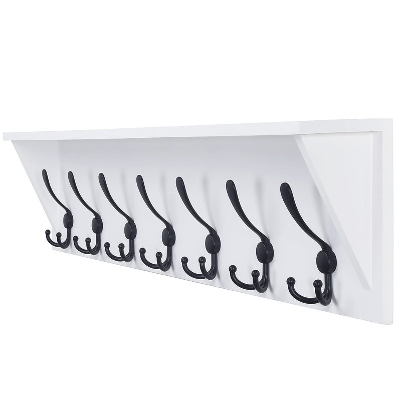DSEAP Coat Rack Wall Mounted Entryway Shelf with 7 Tri Hooks Heavy Duty Wood White
