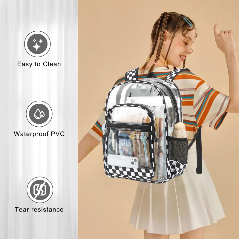 Dezcrab Clear Backpack for School Girls Boys, Heavy Duty Transparent Backpack Kids See-Through Clear Bookbag (Checkered Black) - Image 2
