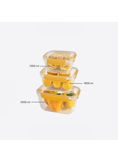 Dunia  Fresh & Lock Yellow Rectangular 3-Piece Food Storage Refrigerator Container Set - With Airtight Lid - BPA Free - (1000-1800-3000) ML