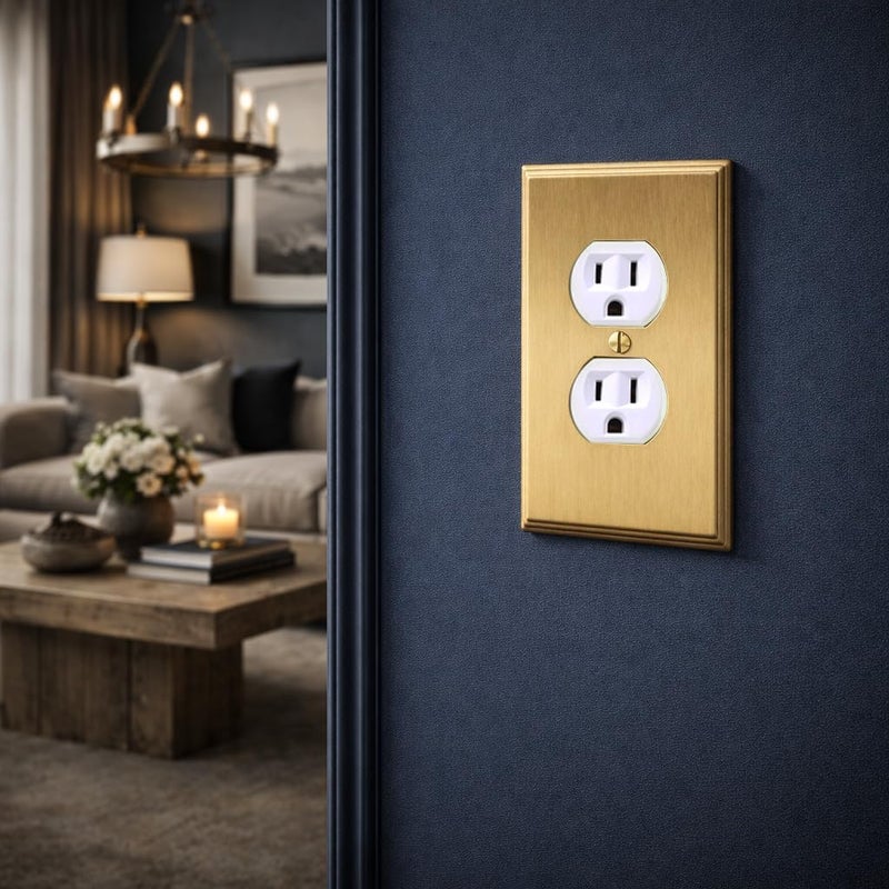 Rio Salto BRASS Brushed Gold Metal Duplex Receptacle â€” Outlet Covers Light Switch Cover Switch Plate â€” Deco Collection Decorative Brass Wall Plates Single 1-Gang Standard Size 2.75" X 4.50" - Image 2