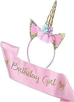 Generic Unicorn Birthday Girl Set Spiral Unicorn headband Party Unicorn Headband and Pink Satin Sash for Girls Glitter Horn,Children's Birthday Unicorn Party Supplies 