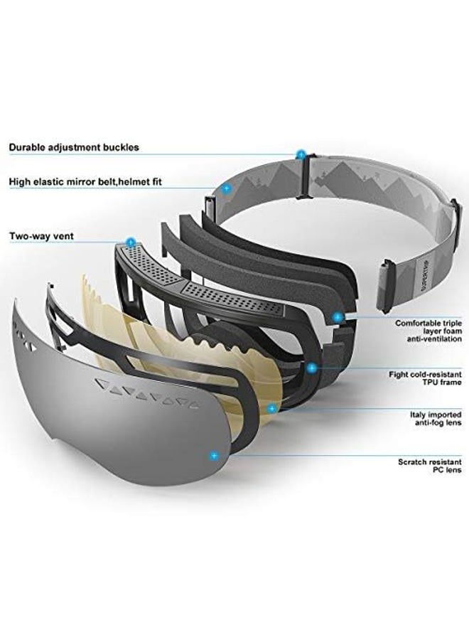 Supertrip Professional Ski Goggles for Men and Women Double Lens Anti-fog Big Spherical Skiing Unisex Multicolor Snow Goggles Gray Revo Mirror Silver (VLT 9.75%) - Image 5