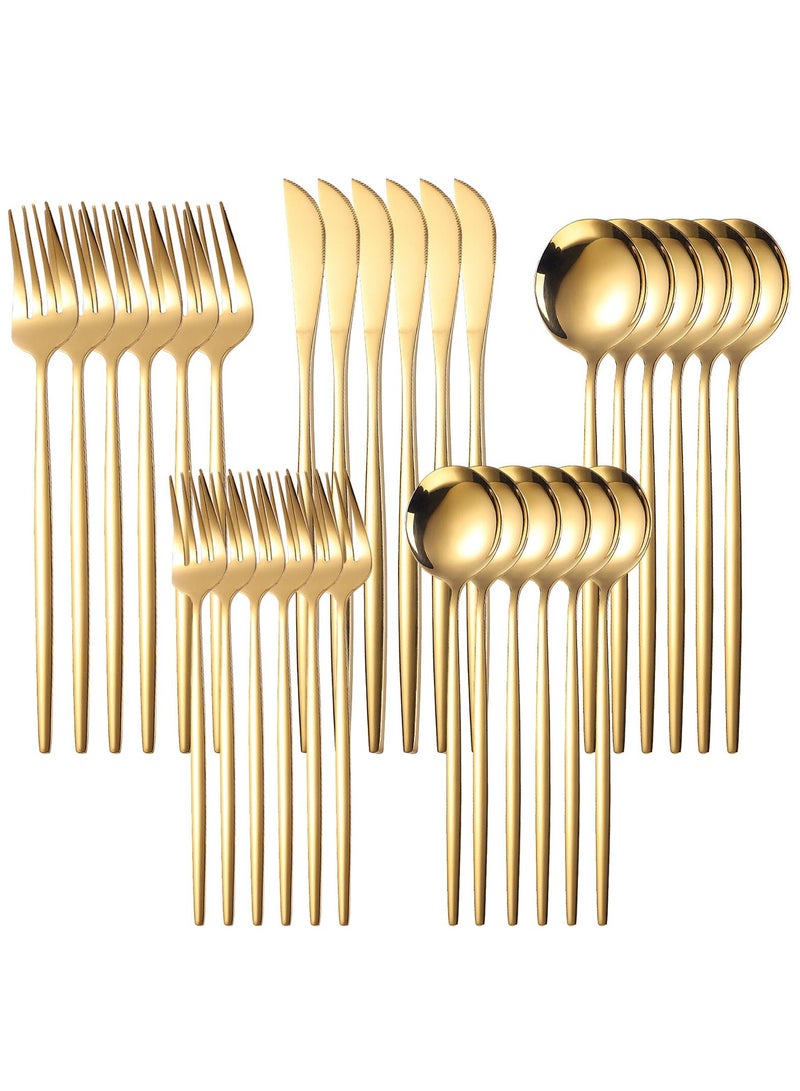 Gold Stainless Steel Cutlery,Durable Gold Polished Knives, Spoons and Forks,30 Piece Cutlery for Kitchen,Knife Spoon Forks Set