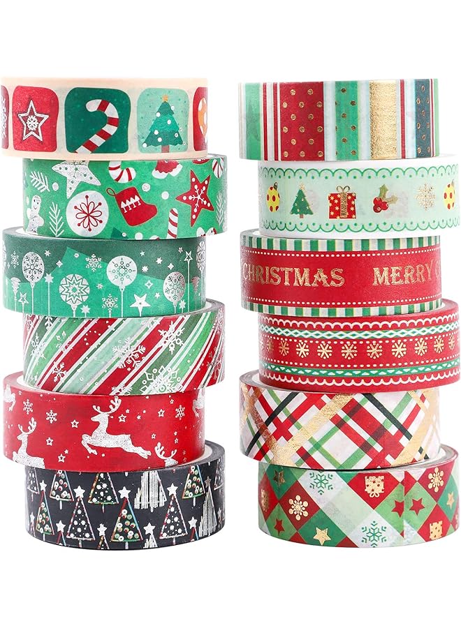 erorex Washi Tape Set Of 12 Rolls Christmas Gold Silver Washi Masking Tape Decorative Tape For Scrapbooking Diy Crafts Crafters Embellished Journals Planner Cards Gift Wrapping Ribbons Wedding  - Image 1