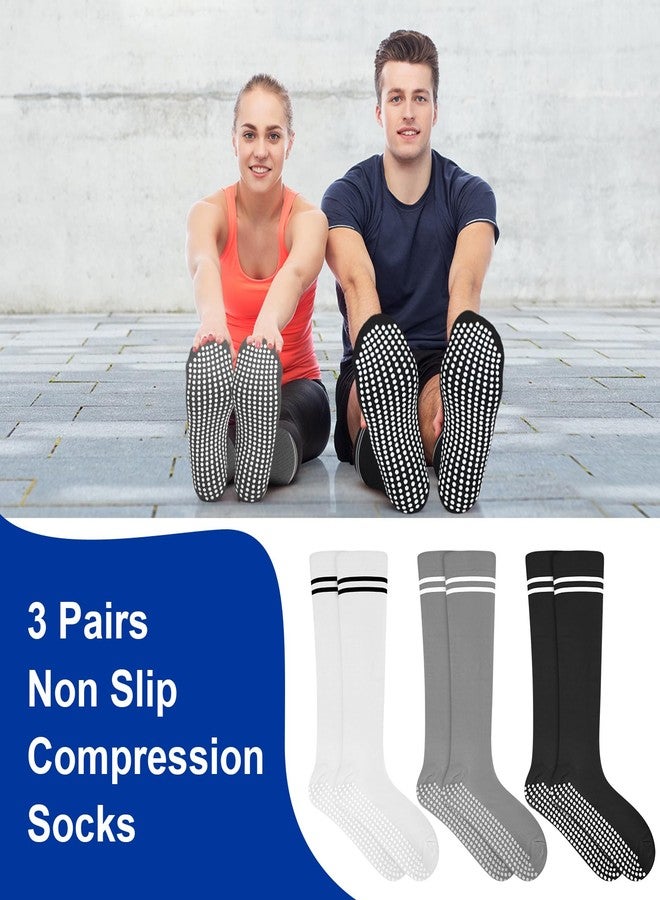 Croloose 3 Pair Non Slip Compression Socks for Women Men 20-30mmhg Graduated Compression Socks with Grips for Nurse Pregnancy(Black, White, Gray,Stripe) - Image 5