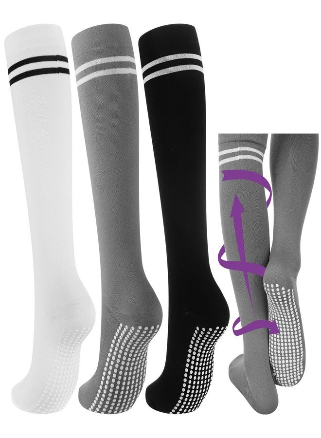 Croloose 3 Pair Non Slip Compression Socks for Women Men 20-30mmhg Graduated Compression Socks with Grips for Nurse Pregnancy(Black, White, Gray,Stripe) - Image 1