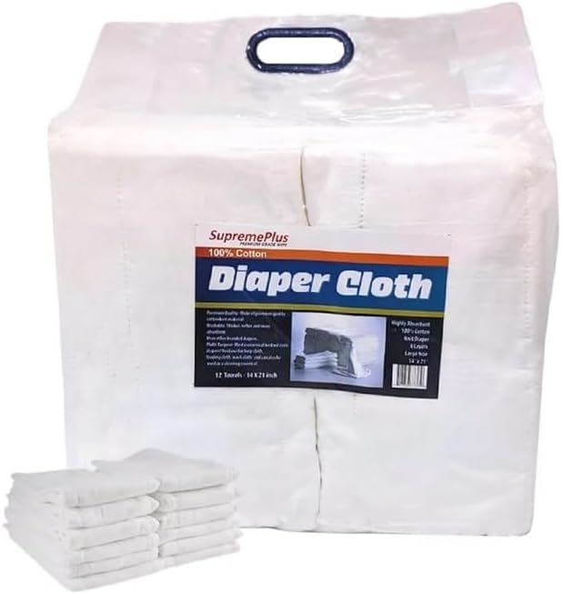 SupremePlus Prefold Cloth Diapers  12 Pack 21 x 14 inches  4 Ply Ultra Soft Super Absorbent Washable Reusable Cotton Burp Cloths for General Cleaning Glass Windows Cars  White - Image 1