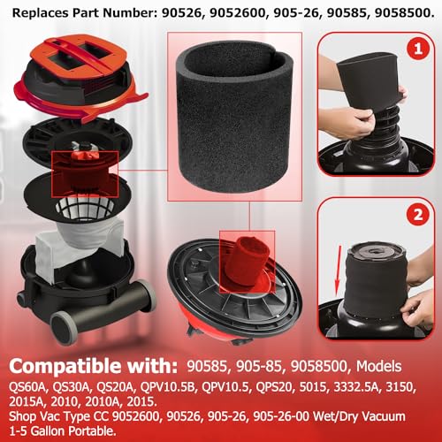 HASMX Small Foam Filter Sleeve Replacement for Shop Vac Type CC 9052600 90526 905-26 905-26-00 Wet/Dry Vacuum 1-5 Gallon Portable, Black (1-Pack) - Image 3