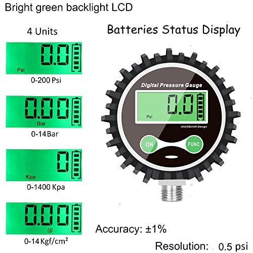 Uharbour Digital Air Pressure Gauge with 1/4'' NPT Bottom Connector and Rubber Protector, 5-200psi Tire Pressure Gauge, Accuracy 1% F.S. - Image 3