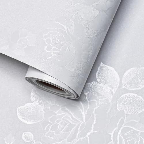 Lativo White Wallpaper Silk Embossed Floral White 393inL 17.7inWContact Paper for Cabinets Furniture Textured Thicken Self Adhesive Wallpaper for Bedroom Flower Solid Contact Paper Vinyl Shelf Liner - Image 1