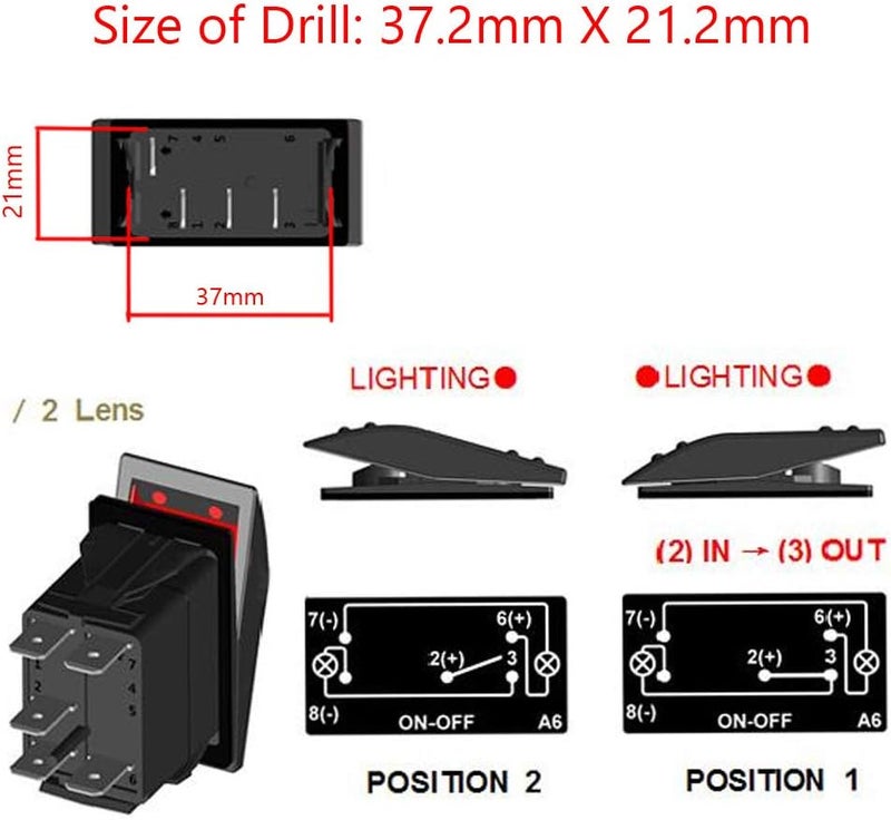 E Support Car Blue LED Reverse Light Rocker Toggle Switch ON Off 12V 20A, 24V 10A - Image 4
