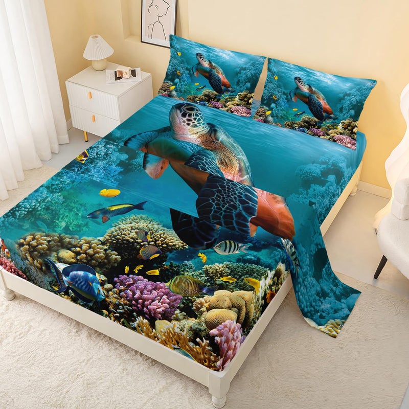 CVHOUSE Sea Turtle Fitted SheetOcean Bed Sheet Set Queen SizeTurtle Bedding Set for Boys Kids Girls1 Flat Sheet  1 Fitted Sheet with 2 Pillow Cases  4 Piece