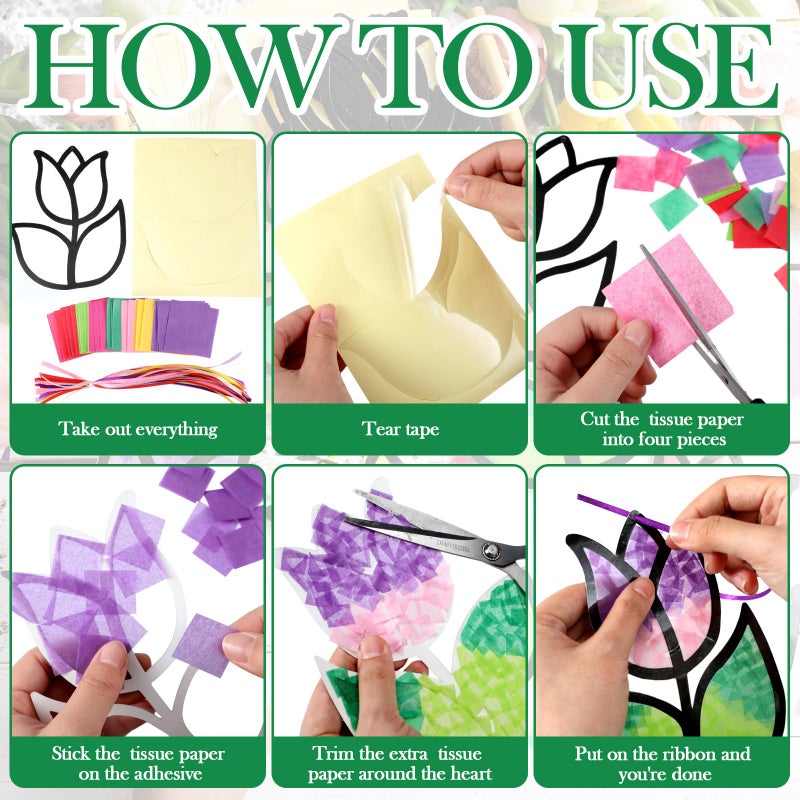 Supervitae 24 Sets Tulip Crafts Kits Mother's Day Crafts Spring Flower Paper Sun Catchers Art Kits DIY Tissue Paper Sign Make Your Own Flower Stickers Scene for Mother's Day Gifts Art Activities - Image 4