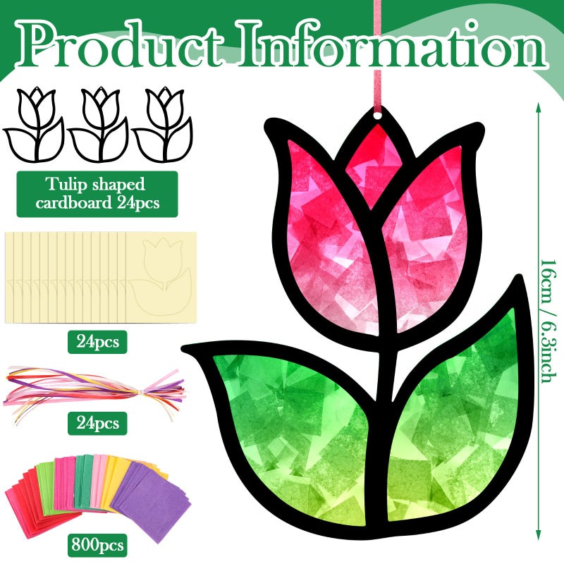 Supervitae 24 Sets Tulip Crafts Kits Mother's Day Crafts Spring Flower Paper Sun Catchers Art Kits DIY Tissue Paper Sign Make Your Own Flower Stickers Scene for Mother's Day Gifts Art Activities - Image 3