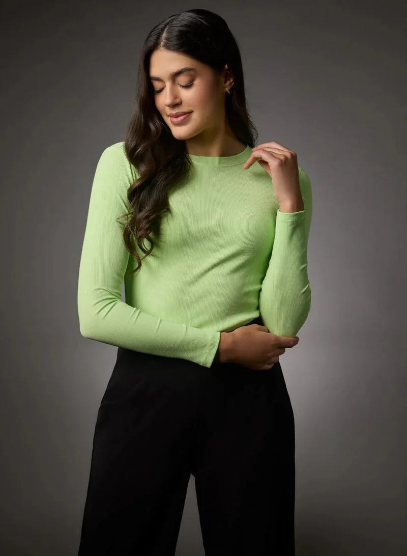 Zigzag Long Sleeve Round Neck Rib Top- Electric Green