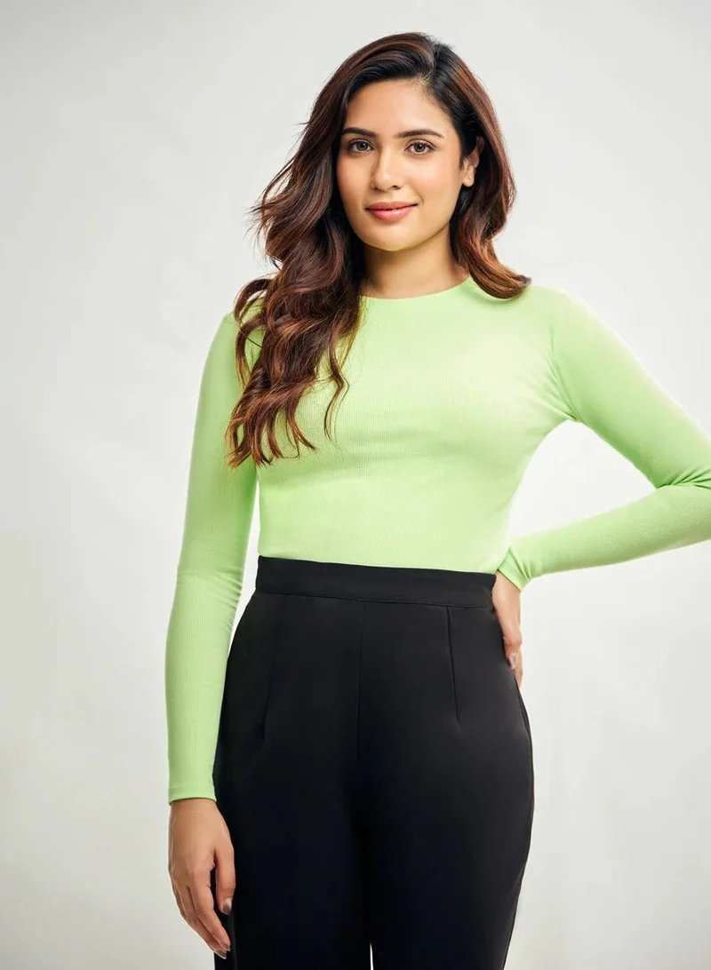 Zigzag Long Sleeve Round Neck Rib Top- Electric Green