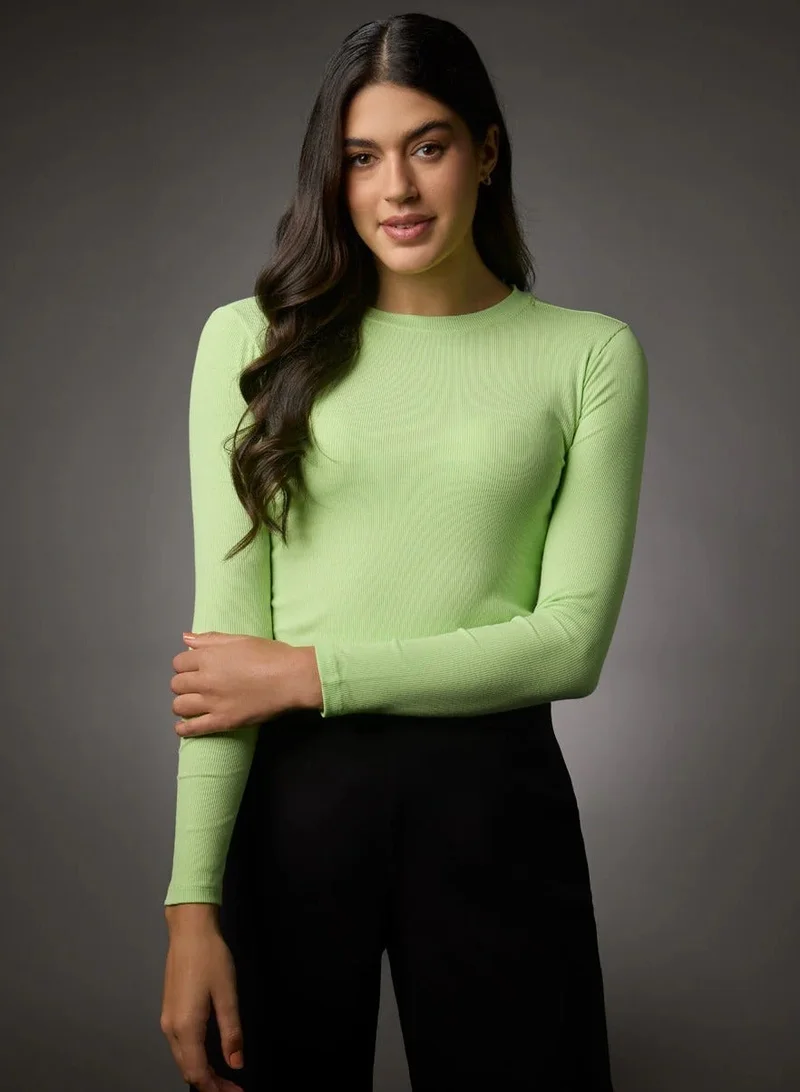 Zigzag Long Sleeve Round Neck Rib Top- Electric Green