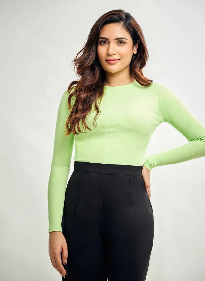 Zigzag Long Sleeve Round Neck Rib Top- Electric Green