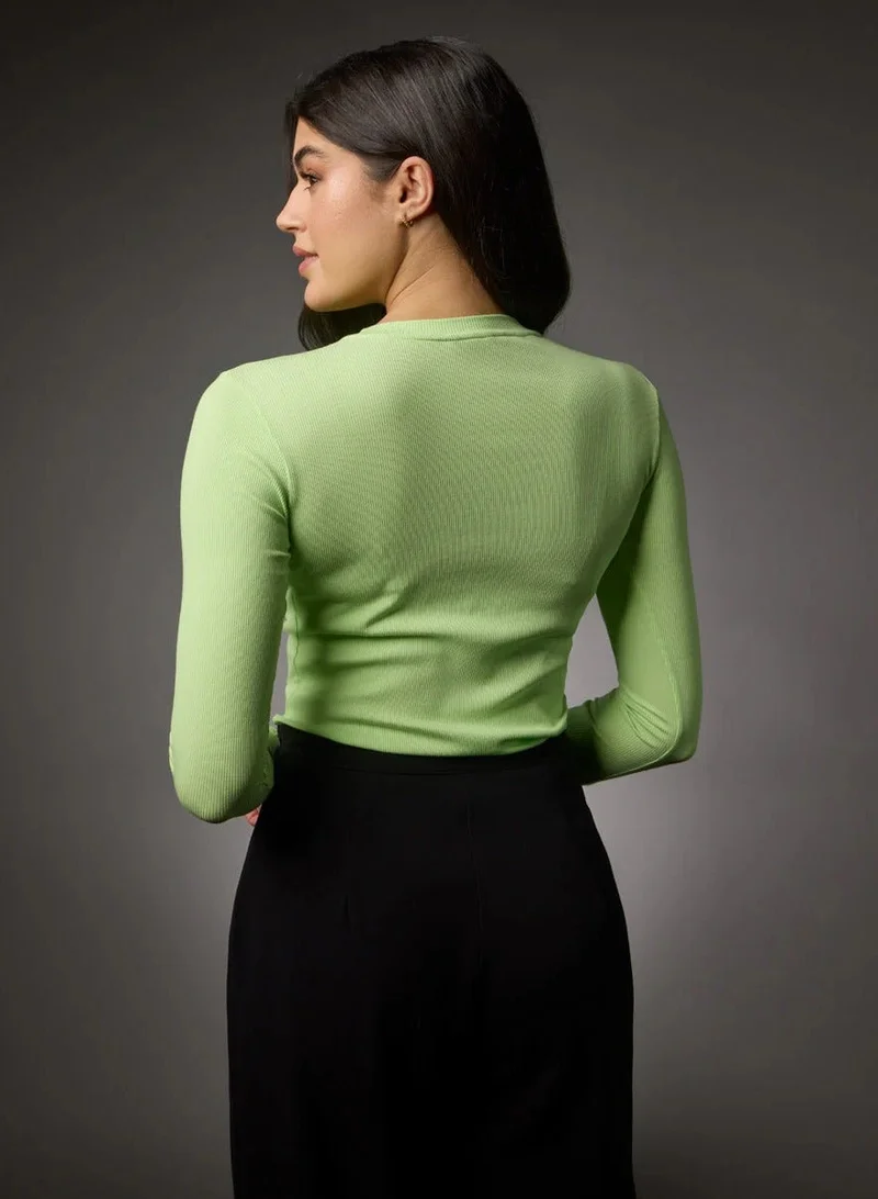 Zigzag  Long Sleeve Round Neck Rib Top- Electric Green for Women | Best Price UAE