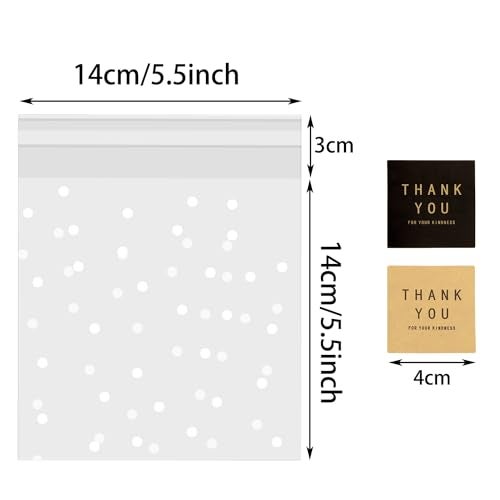 Mini Skater Self Sealing Cookies Bags Pack of 100 Clear Cellophane Treat Bags with Thank You Stickers for Gift Giving Brownies Candies Dessert Bakery Party Favors (White Polka Dot, 5.5x5.5 Inches) - Image 2