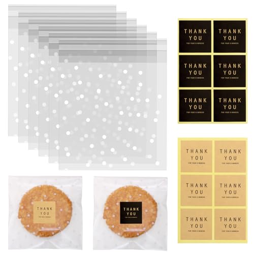Mini Skater Self Sealing Cookies Bags Pack of 100 Clear Cellophane Treat Bags with Thank You Stickers for Gift Giving Brownies Candies Dessert Bakery Party Favors (White Polka Dot, 5.5x5.5 Inches) - Image 1