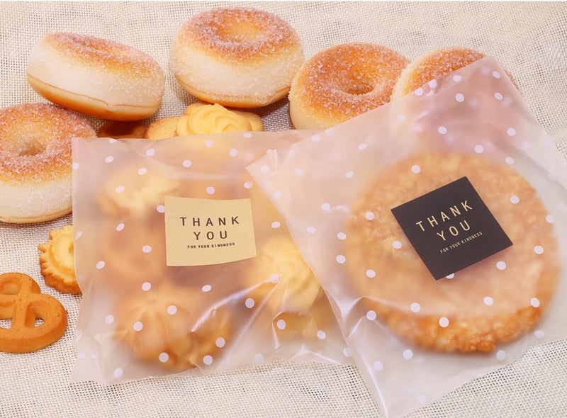 Mini Skater Self Sealing Cookies Bags Pack of 100 Clear Cellophane Treat Bags with Thank You Stickers for Gift Giving Brownies Candies Dessert Bakery Party Favors (White Polka Dot, 5.5x5.5 Inches) - Image 3